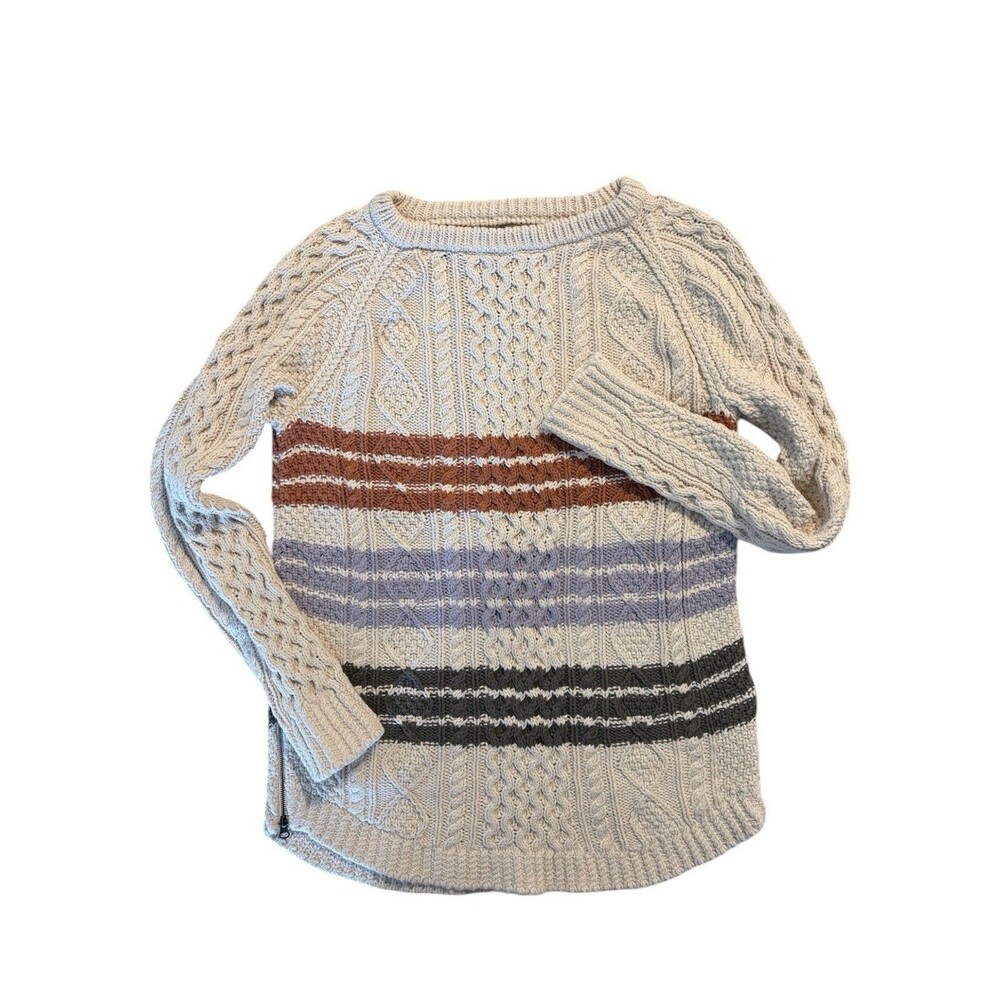 L.L. BEAN Signature Sweater Womens S Fisherman Cable Knit Stripes Zippers Small